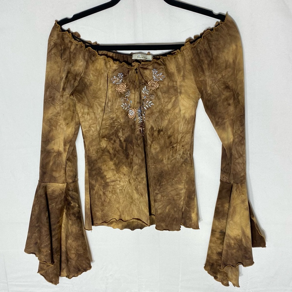 Vintage 90s Y2K Sirens Brown Boho Bell Sleeve Top S Whimsigoth Festival Stampede